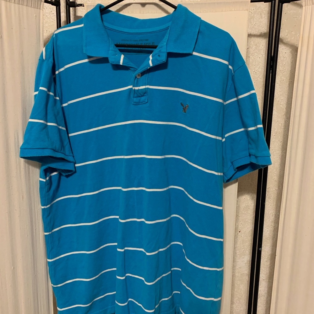 American Eagle Teal Striped Polo Shirt